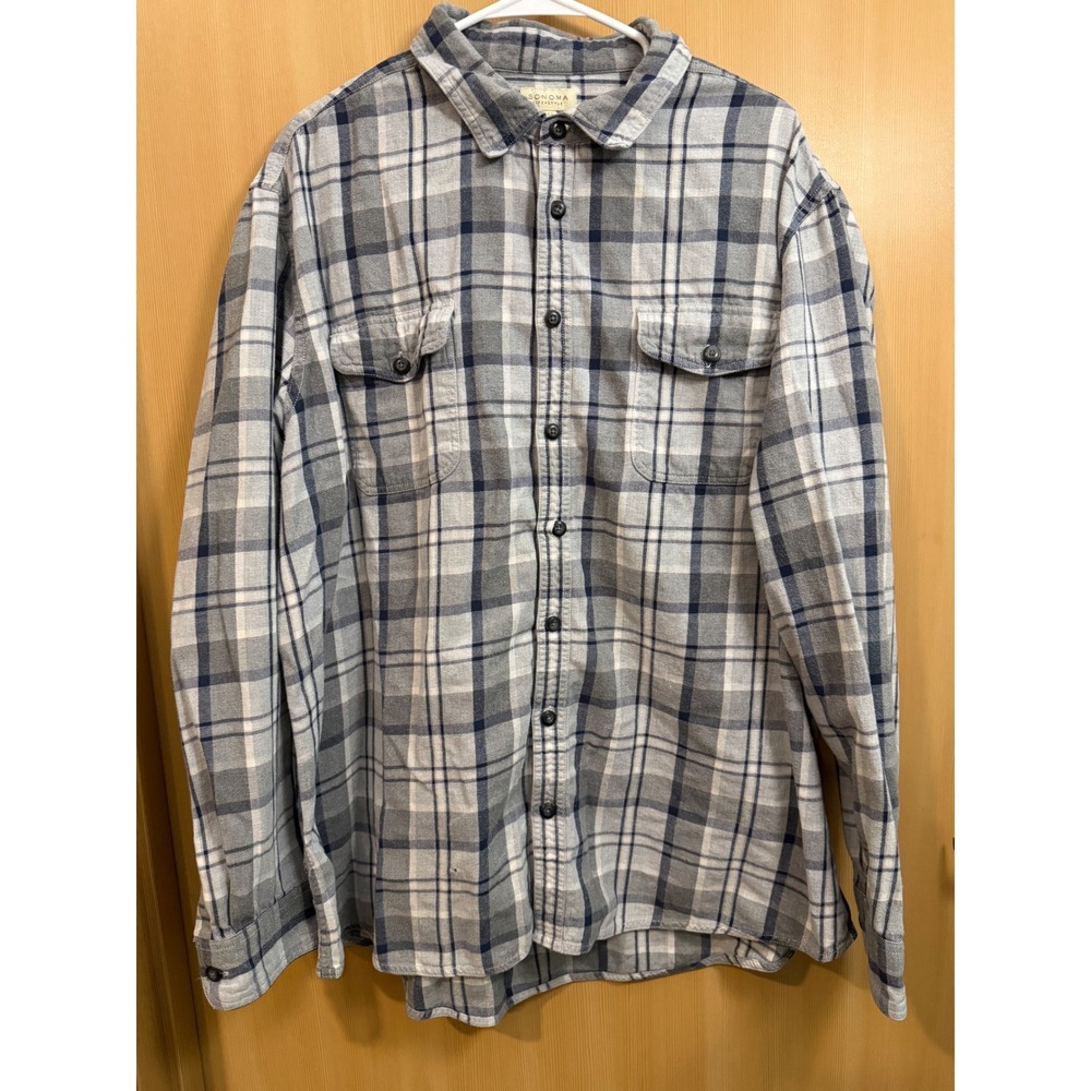 Sonoma Life Style Mens XXL Flannel Shirt Grey Blue Plaid Long Sleeve Button Up